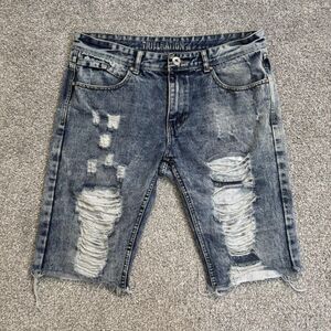 TRILLNATION Shorts Mens 34 Distressed Denim Bermuda Raw Hem Edgy Grunge Punk